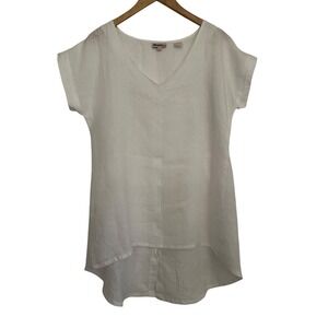 White 100% Linen V-Neck Tunic Top Back Button High Low Hem Womens S/M Lagenlook